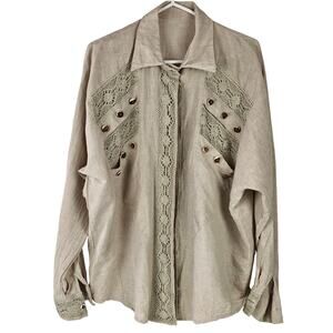 natural Linen lace long sleeve blouse top size 14 cottage lacy modest
